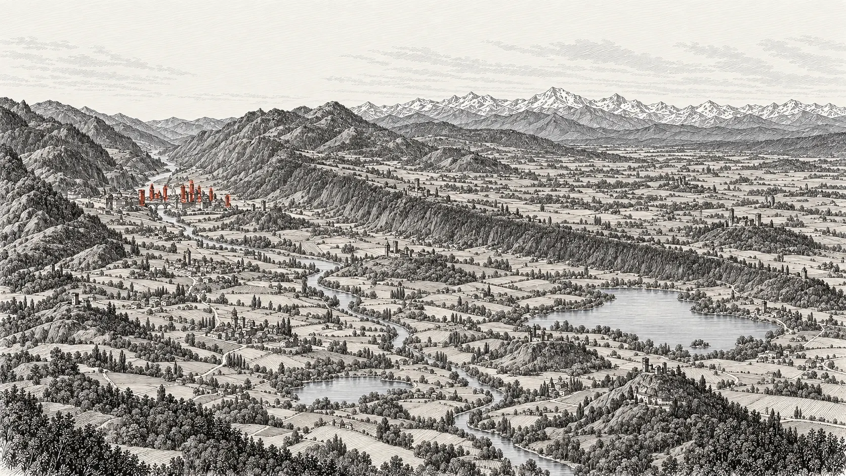 Tavola a china: l'Anfiteatro morenico d'Ivrea a volo d'uccello verso il 1350, con la Dora che esce dalla valle a Ivrea, la Serra, i laghi di Viverone e di Candia, castelli e borghi sulle colline e le Alpi sullo sfondo